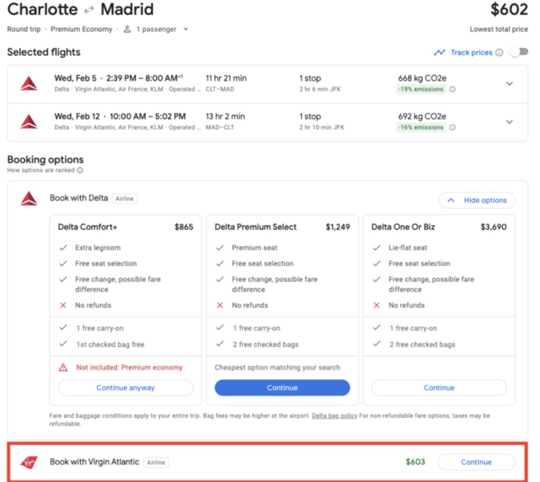 Delta Premium Select fare from Charlotte (CLT) to Madrid (MAD) for $602 with the Booking location highlighted in red. 